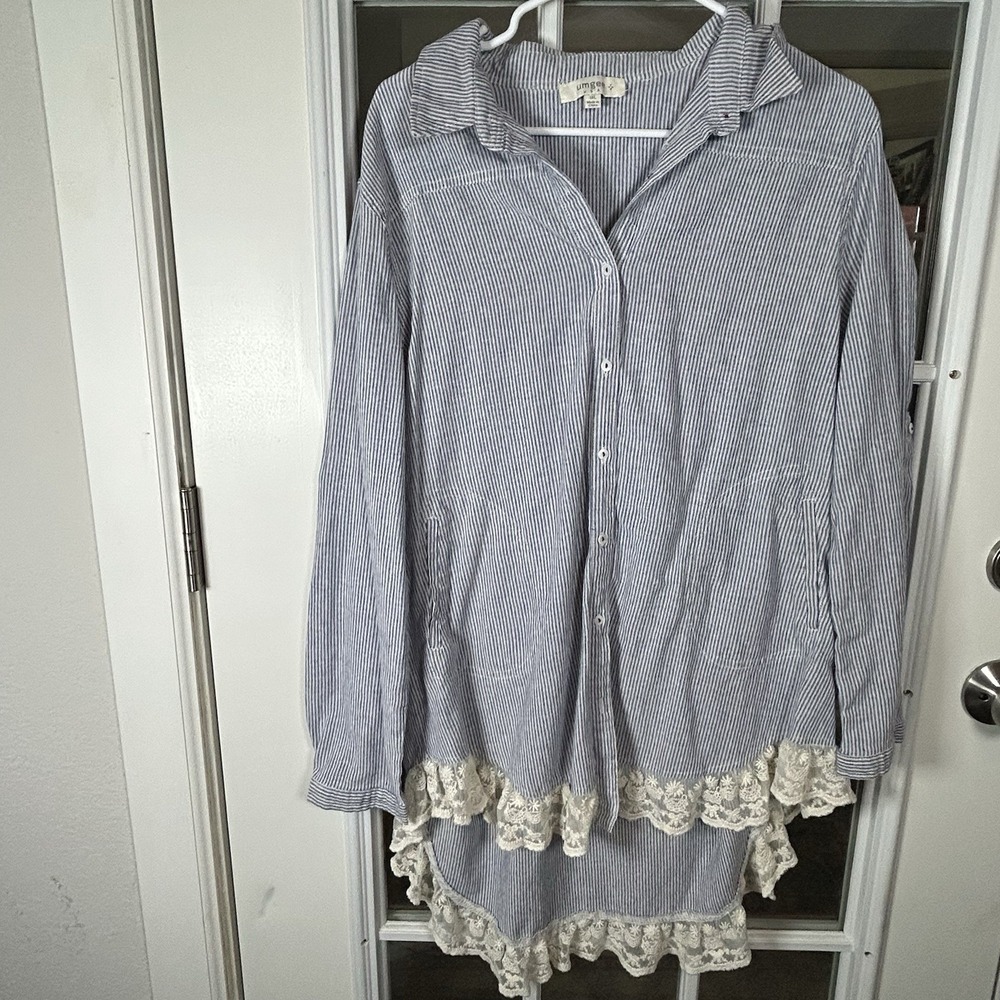 Umgee Blue White‎ Stripe Button Down Lace Hem Tunic 1XL Nautical Beach